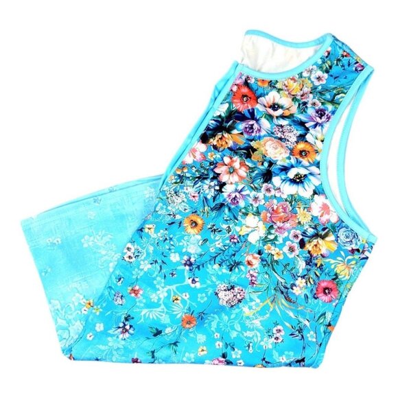 Women's XXL Blue Tropical Tank Top - Chic Half-Placket Design Lightweight Style - Picture 10 of 12